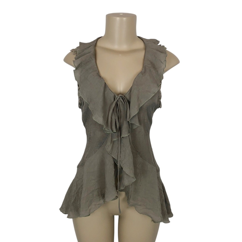 Gemstone Ruffle Lace Sleeveless Cardigan Vest Medium Tie Back Boho Fairy Y2K